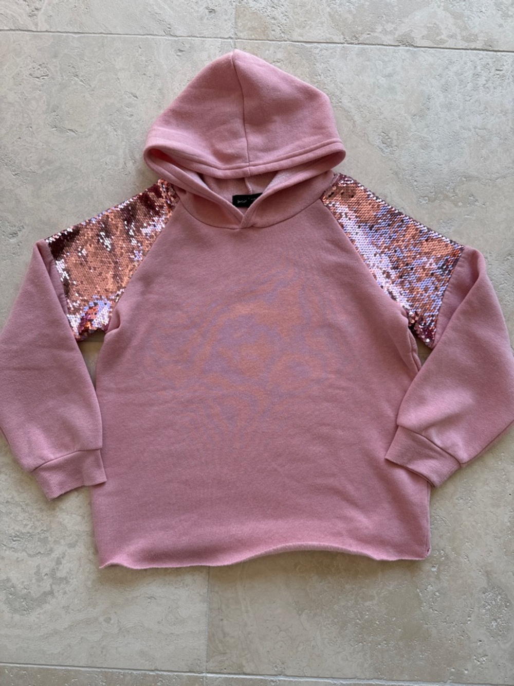 Girls' Pink Hooded Sweatshirt with Rose Gold Sequin Shoulders